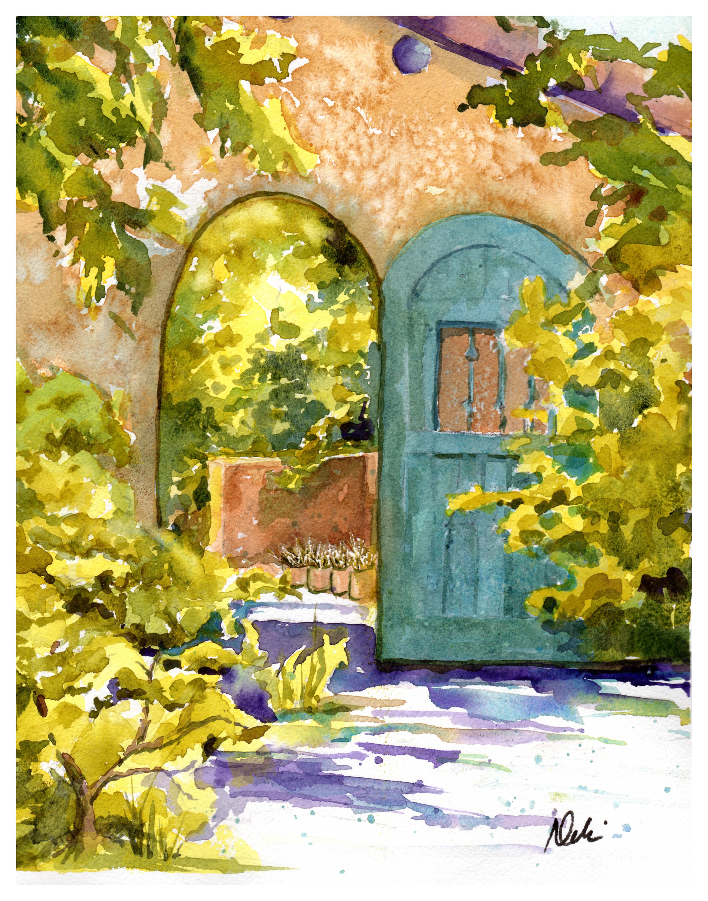 Blue Gate Watercolor/ New Mexico Garden Gate/ Santa Fe Adobe