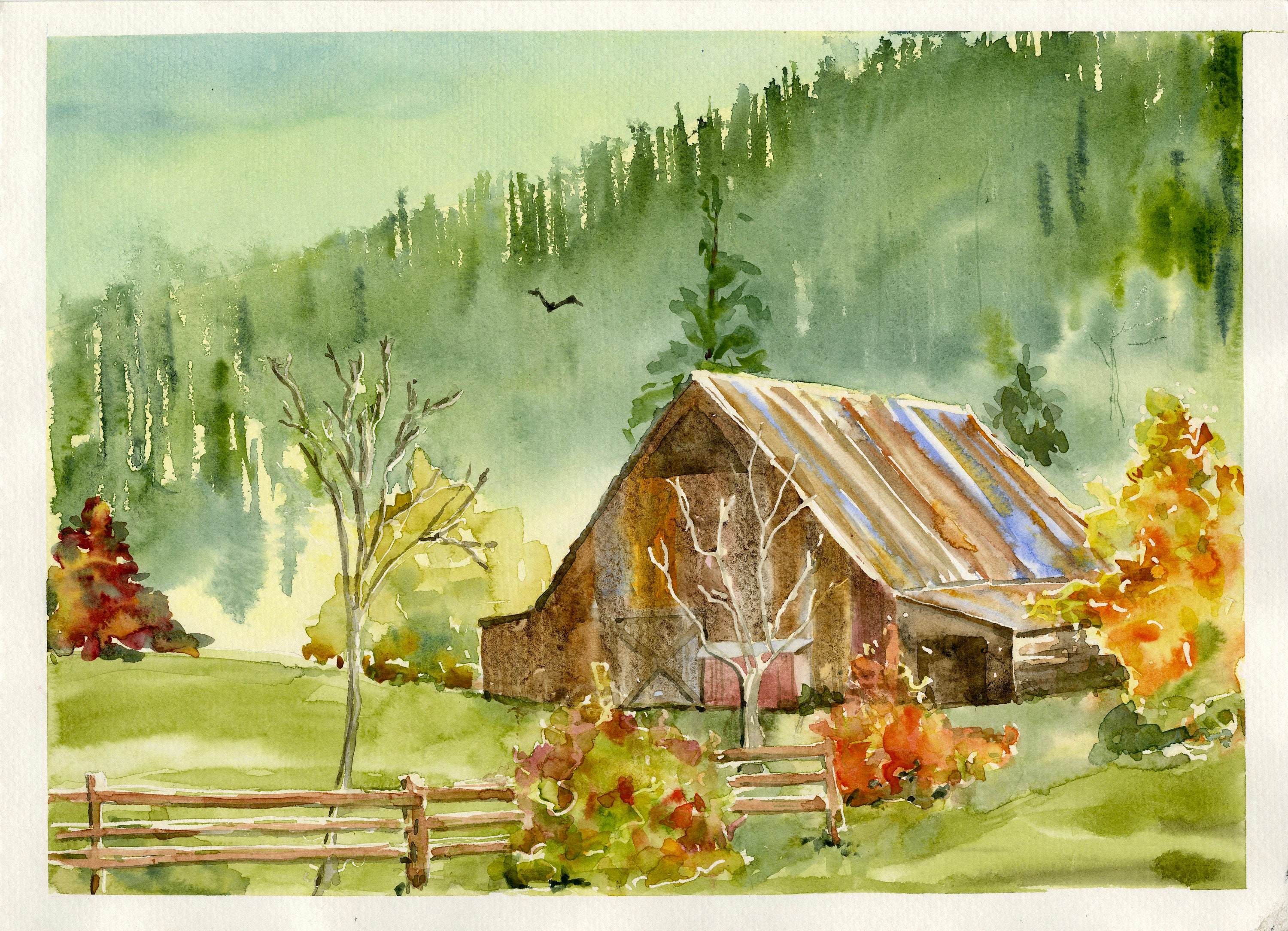 Lake farmhouse painting Barn watercolor original Rustic landscape wall art Village artwork