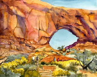 May include: Watercolor painting of a natural rock archway in warm tones of orange, brown, and purple. The arch frames a view of the sky. Several figures are seen walking on a path below the arch, surrounded by green and yellow foliage.