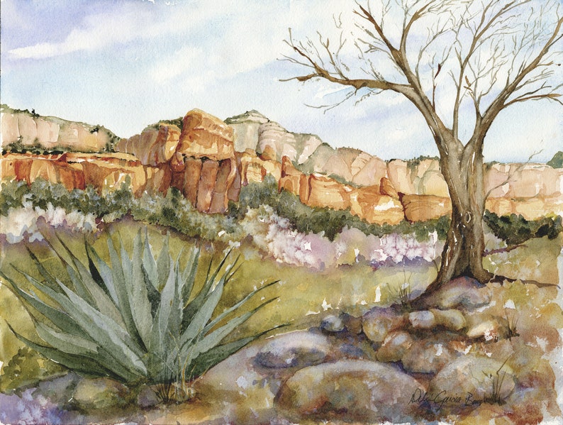 Sedona Watercolor/ Sedona Red Rock Art/ Blue Agave/ Southwest Landscape/ Giclee' Print of Original Watercolor/ Debi Garcia-Benson/ Sedona AZ image 1