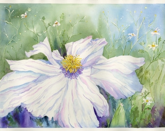 Matilija Poppy Canyon.  White Wildflower Watercolor Painting/ Gift for Moms & Weddings/ Giclee/ Original Watercolor/  Debi Garcia-Benson