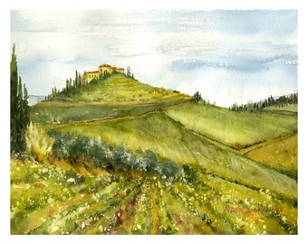 Tuscan Hilltop Villa, Tuscany Watercolor, Vineyard Painting, Italy Landscape, Winery, Gicle' Print, Hills of Tuscany, By Debi Garcia-Benson