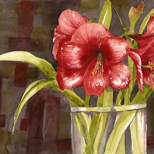 Red Amaryllis Watercolor Painting/ Christmas Flower Art/ Gift for Mom/ Wedding Gift/ Giclee' Print/ Original Painting by Debi Garcia-Benson