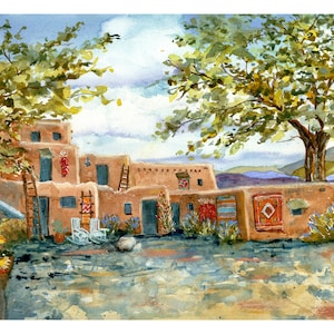 Santa Fe Adobe Watercolor/ Southwest Art/ New Mexico Art/ Colorful Painting/ Quality Giclee Print from original Debi Garcia-Benson Painting