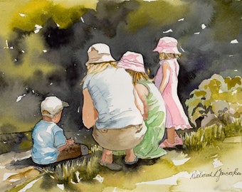 Family Outing Watercolor Painting/ Mom and Children/ Watercolor Painting/ Children Art/  Original Painting/ Debi Garcia-Benson/ Gift for Mom