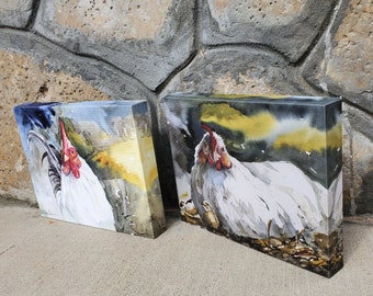 Two Canvas Prints/ Hen and Rooster Watercolor/ Gallery Wrapped Canvas/ Chicken Art/ Farm Art/ Original Painting by Debi Garcia-Benson