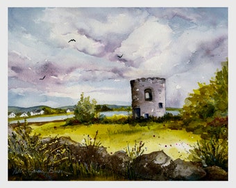 Ireland Watercolor/ Stone Ruin/ Ancient Stone Tower/ Watercolor Painting/ Ireland Landscape/  Giclee Print of Original by Debi Garcia-Benson