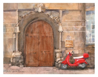 Red Vespa in Paris Watercolor/ France Painting/ Giclee Print of Original/ Red Scooter/  Red Watercolor Painting/  Debi Garcia-Benson