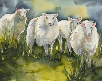 Irish Sheep Watercolor / Ireland Landscape/ Painting/ Farm Sheep/ Giclee Quality Print/ Irish Pasture Painting/ Debi Garcia-Benson/ Gift