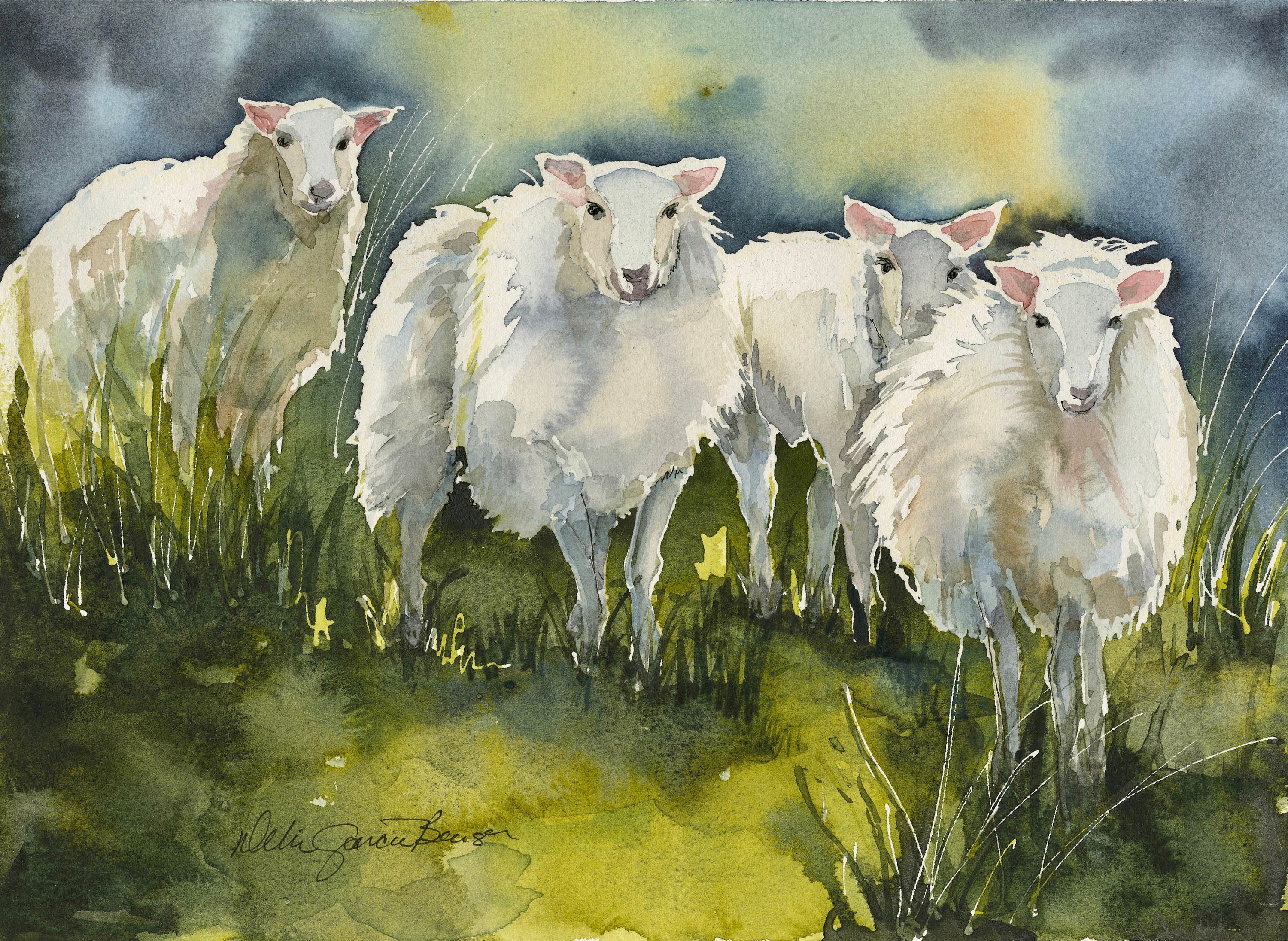 Irish Sheep Watercolor / Ireland Landscape/ Painting/ Farm