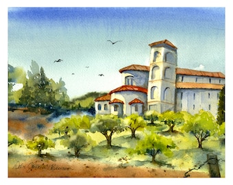 Tuscany Watercolor, Italian Villa Art, Abbey Watercolor Painting, European Landscape, Italian Landscape, Giclee' Print, Debi Garcia-Benson