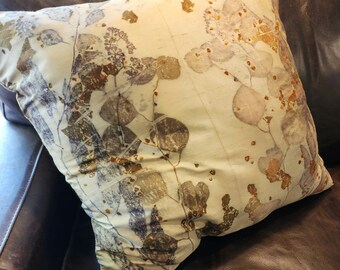 Silk Pillow/ Eco Printed on Silk, 20X20"/ Zippered/ Each side has Unique Leaf Prints/ Decorative Pillow/  One of a Kind/ Debi Garcia-Benson