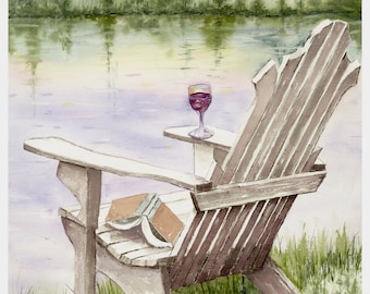 Adirondack Chair Painting, Glass of Wine, Chair Art, Good Book, 11X14 Giclee' Print, Original Watercolor by Debi Garcia-Benson, Gift for Mom