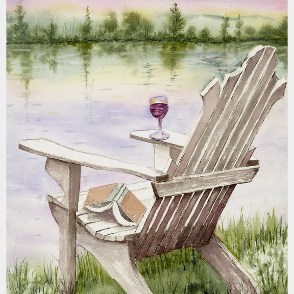 Adirondack Chair Painting, Glass of Wine, Chair Art, Good Book, 11X14 Giclee' Print, Original Watercolor by Debi Garcia-Benson, Gift for Mom