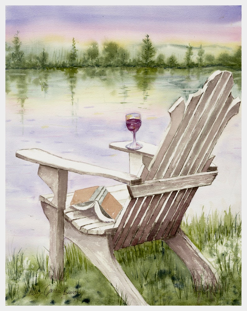 Adirondack Chair Painting, Glass of Wine, Chair Art, Good Book, 11X14 Giclee' Print, Original Watercolor by Debi Garcia-Benson, Gift for Mom image 1