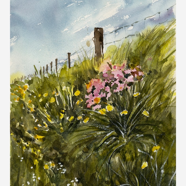 Ireland Landscape/ Kerry Cliffs Trail/ Irish Flowers/ Irish Wildflower Field/ Gilclee' of Original Watercolor/ Debi Garcia-Benson/ Mom Gift