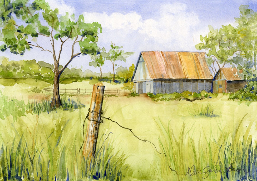 Rustic Old Country Barn Wire Fence/ Watercolor/ Country Art/ Gift for ...