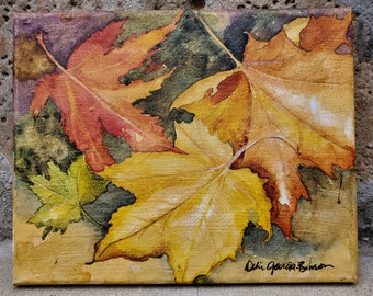 Autumn Leaves on Canvas/ Gold Fall Foliage/ Fall Leaves Art/ Original Watercolor painted on Canvas by Debi Garcia-Benson/ Ready to Hang