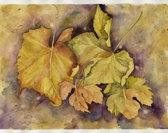 Autumn Leaves Watercolor Painting / Purple and Gold Fall Foliage/ Autumn Art/ Quality Gicle' Print/ Original by Debi Garcia-Benson