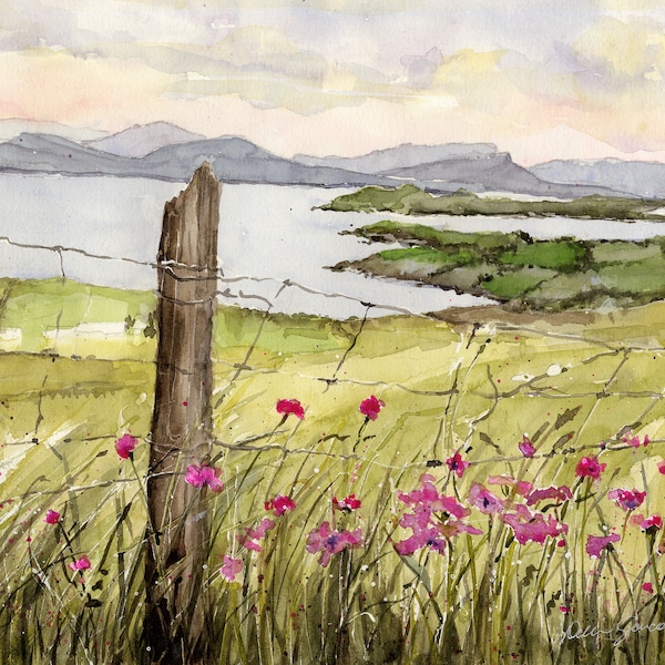 Ireland Headlands Watercolor/ Ireland Landscape/ Cliffs of Ireland/ Leprchan Green / Giclee Print/ Original Painting by Debi Garcia-Benson