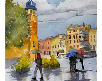 Walking in the Rain/ Rain Watercolor/ Umbrella/ European Ciy/ Cityscape/ Quality Giclee Print/ Original Painting/  Debi Garcia-Benson, Gift