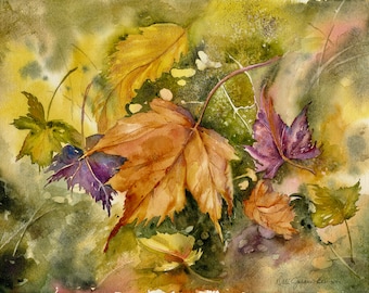 Autumn Glory/  Fall Leaf Landscape Watercolor / Fall Wall Art/ Quality Giclee Print of an Original Watercolor Painting by Debi Garcia-Benson