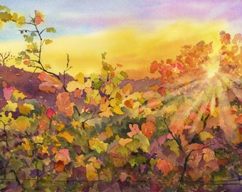 Winery Sunset/ Vineyard Watercolor Sunset/ Wine Country Print/ Wine Art/ Gallery Wrapped Canvas/ Vineyard Wedding Gift/  Debi Garcia-Benson