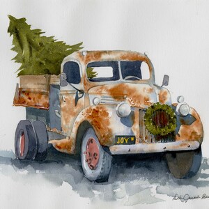Christmas Tree Truck, Rustic Red Truck, Red Truck, Giclée Print of Original Watercolor Painting by Debi Garcia-Benson, Christmas Wall Art
