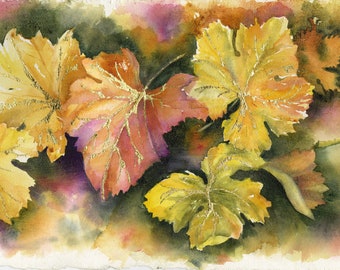 Fall Art/ Colorful Autumn Leaves/ Fall Landscape/ Quality 10X30" Gicle Print/ Gold Red Green Bronze/ Original Watercolor/ Debi Garcia-Benson