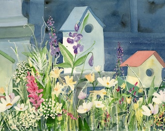 Birdhouses Watercolor Painting/ Birdhouse Garden Art/ Spring Flowers/ One of a Kind Gift/ 14X30"/ Original Painting by Debi Garcia-Benson