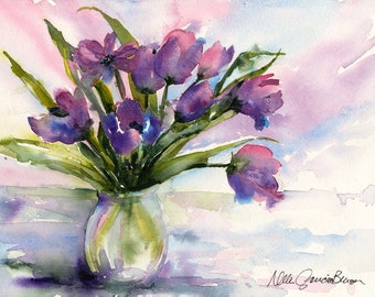 Purple and Lilac Tulips Watercolor Painting, Spring Flowers/ Gift for Mom/ Giclee Print from Original Watercolor by Debi Garcia-Benson/ Gift