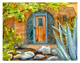 Blue Door Watercolor/ Southwest Blue Entry Door/ Agave/ Desert Art Print/ Giclee Print of Original Watercolor Painting by Debi Garcia-Benson