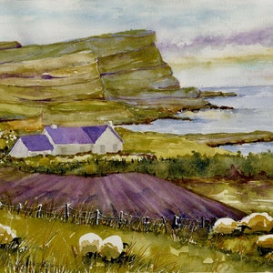Irish Landscape /Sheep/ Cliffs/ Ocean View/ Cottage Art/ Original Watercolor/ 11X14 Giclee Print/ Debi Garcia-Benson/ Gift for Mom