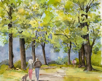 Dog Walking Watercolor/ Romantic Couple/ Walk in the Park/ Giclee Print of Original Watercolor/ Figures/ Dod Art/ Debi Garcia-Benson