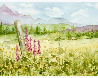 Spring Flowers in Mountain Meadow/ Country Painting/ Old Fence/ Quality Giclee Print from Original Watercolor Painting Debi Garcia-Benson