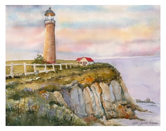 Lighthouse Watercolor Painting/ Ocean Cliffs/  Lighthouse Art/ Lighthouse Watercolor/ Giclee' Print/ Original Art by Debi Garcia-Benson