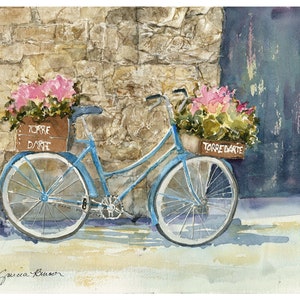 Blue Bike Watercolor/ Bicycle Painting/ Beach Cruiser/ French Country/  Gift / Giclee&#39; Print/ Original Watercolor by Debi Garcia-Benson