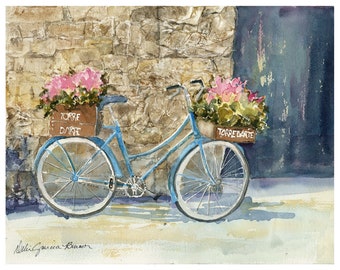 Blue Bike Watercolor/ Bicycle Painting/ Beach Cruiser/ French Country/  Gift / Giclee' Print/ Original Watercolor by Debi Garcia-Benson