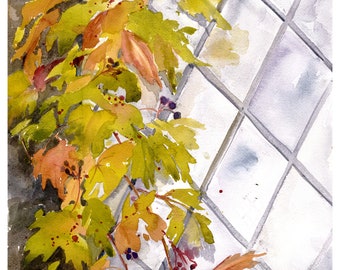 Fall Leaves/ Leaded Glass Window/ Cottage Window/ Fall color /Watercolor Painting/ Gicelee Print of Original Watercolor/ Debi Garcia- Benson