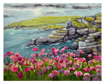 Ireland Landscape/ Kerry Cliffs Watercolor/ Irish Wild Flowers/ Ireland/ Irish Cliffs/ Quality Giclee' Print/ Original By Debi Garcia-Benson