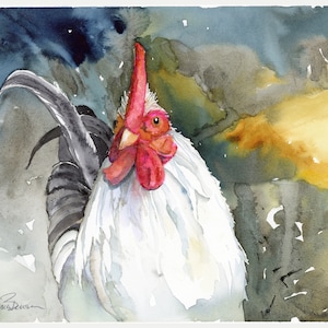 Chicken Watercolor / White Rooster/ Chicken Kitchen Art/ Farm Animal Art/ Chicken Coop/ Gicle Print/ Debi Garcia-Benson/ Wedding Gift
