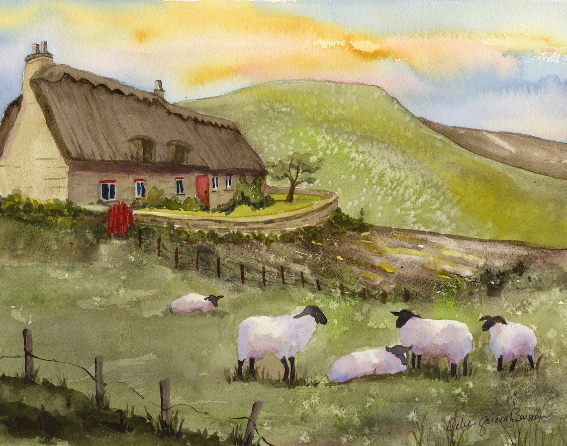 Irish Thatched Cottage/ Ireland Watercolor Landscape/ Sheep/ Etsy