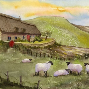 Irish Thatched Cottage/ Ireland Watercolor Landscape/ Sheep/ Cottage Art/ Irish Countryside/ Giclee Print/ Debi Garcia-Benson Original