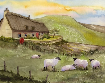 Irish Thatched Cottage/ Ireland Watercolor Landscape/ Sheep/ Cottage Art/ Irish Countryside/ Giclee Print/ Debi Garcia-Benson Original