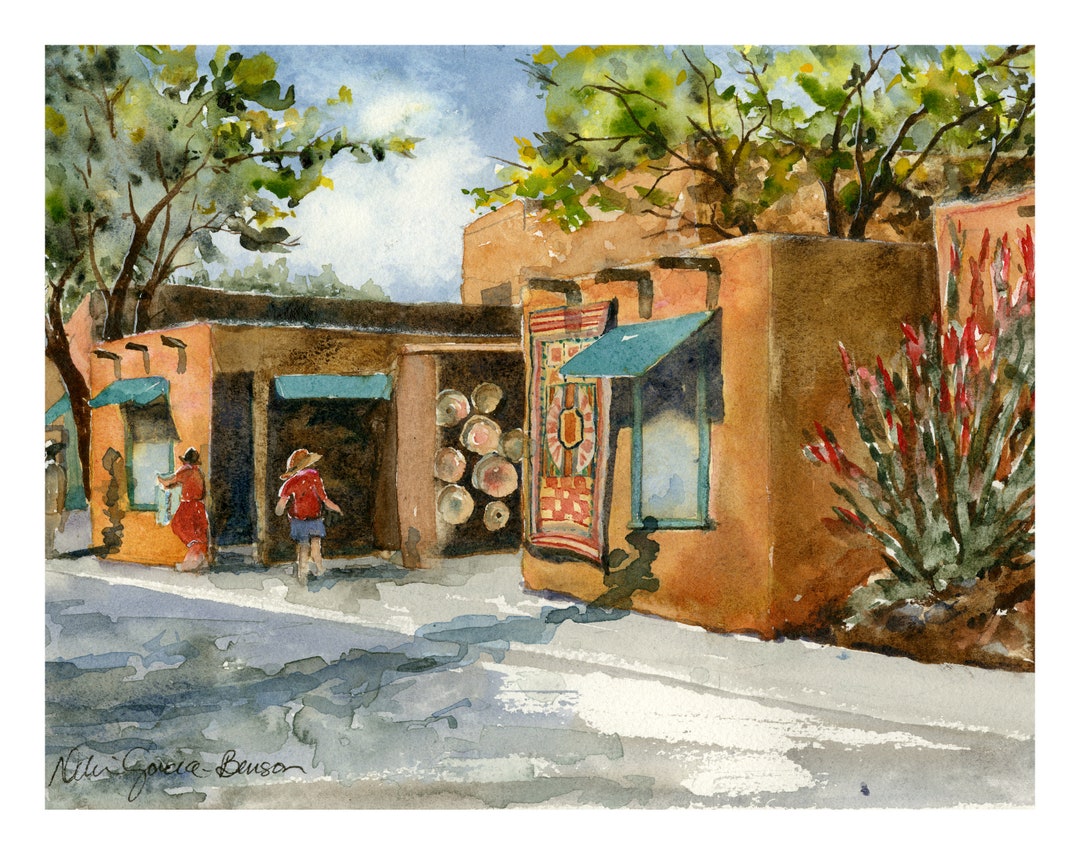 Santa Fe Adobe Shopping Watercolor/ Southwest Art/ New Mexico Art
