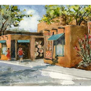 Santa Fe Adobe Shopping Watercolor/ Southwest Art/ New Mexico Art/ Colorful / Quality Giclee Print from original Debi Garcia-Benson Painting