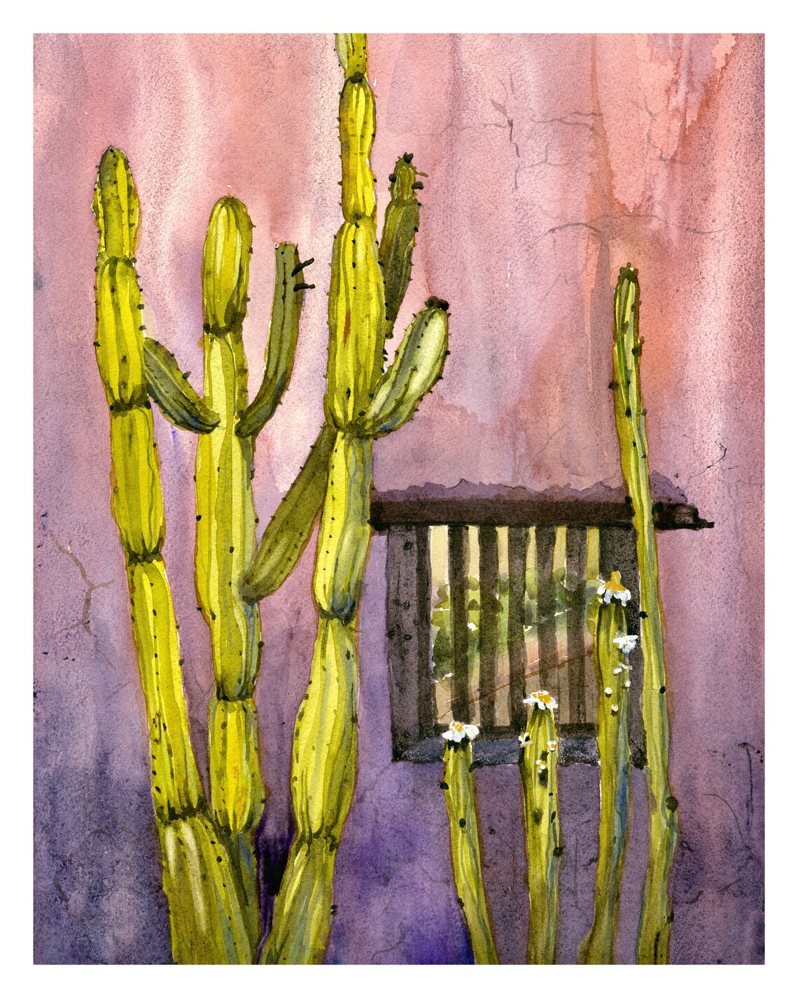 Southwest Cactus Watercolor Painting/ Adobe Wall/ Desert Art / New