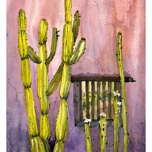 Southwest Cactus Watercolor Painting/ Adobe Wall/ Desert Art / New Mexico Art/ Cactus Giclee&#39; Print of Original by Debi Garcia-Benson