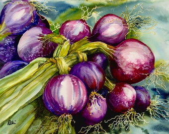 Purple Red Onions/ Watercolor Painting/ Foodie Gift/ Kitchen Print/ Gardener Painting/ Food Art/ Giclee' Print/ Debi Garcia-Benson