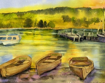 Ireland Pleasure Boats Watercolor/  Irish Art/ Ireland Countryside/ Quality Giclee Print of Original Watercolor Painting /Debi Garcia-Benson